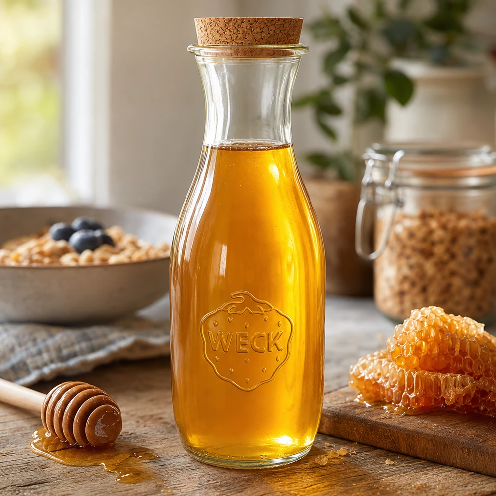 Bottiglia per succo di frutta da 1062 ml WECK RR60 con tappo in sughero naturale Bottiglia di succo WECK da 1062 ml riempita con miele dorato, sughero naturale e miele a nido d'ape in un'accogliente scena di cucina