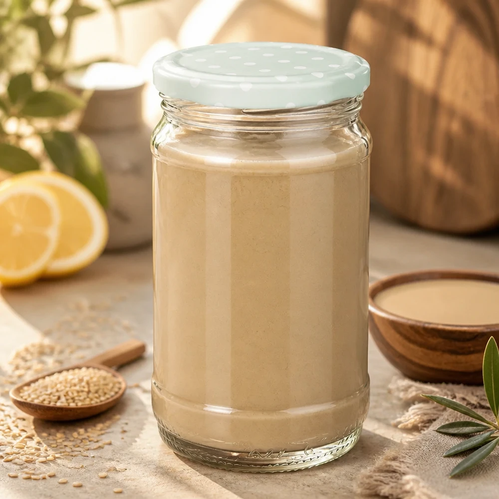 Tahini in un barattolo di vetro rotondo UNiTWIST da 370 ml con coperchio BasicSeal verde menta a pois, accanto a sesamo e limone
