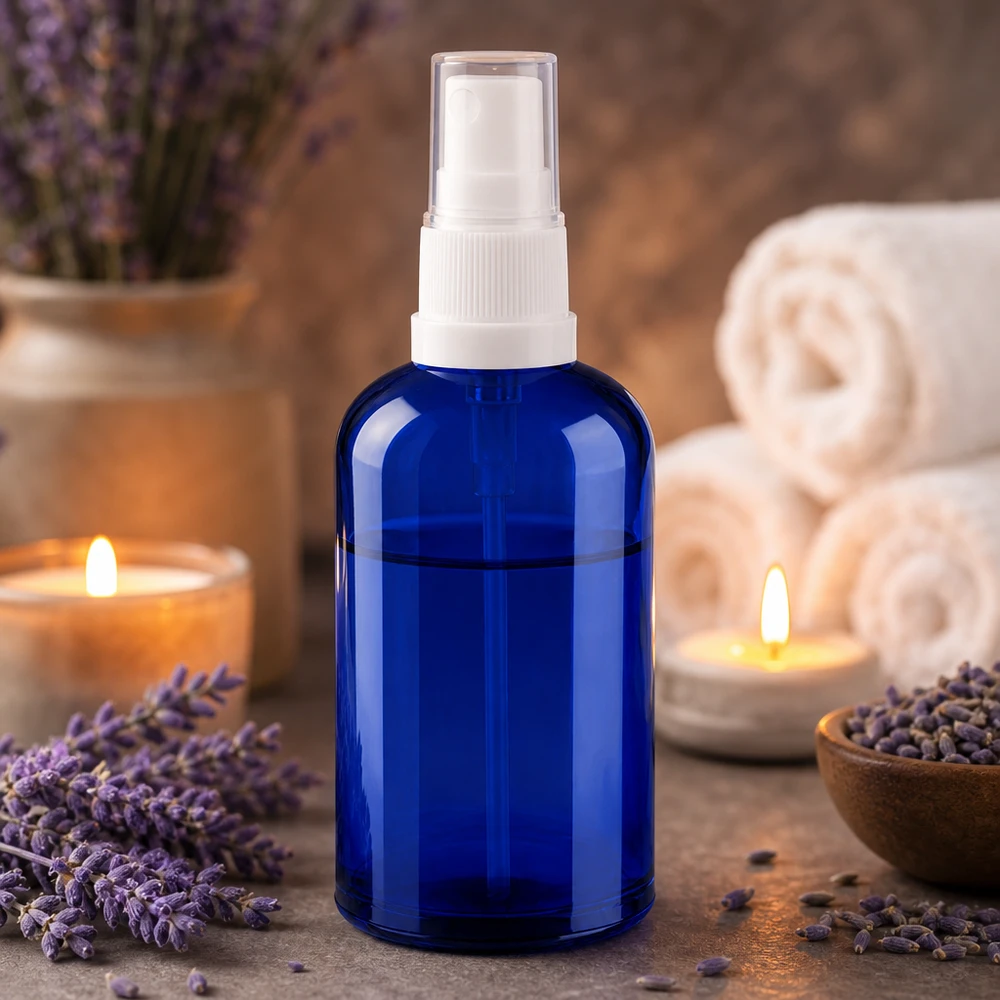 Flacone spray da 100 ml bianco/trasparente STD BlueLine UT18/100 Flacone spray in vetro blu da 100 ml con spruzzatore a pompa bianco per aromaterapia e benessere