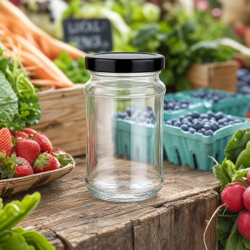 Barattolo rotondo da 390 ml con coperchio BasicSeal nero UNiTWIST Barattolo rotondo da 390 ml con coperchio nero BasicSeal sul tavolo di legno tra frutta e verdura fresca del mercato