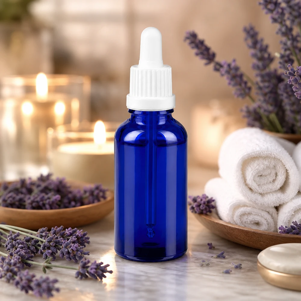 Flacone per pipette da 30 ml bianco OV BlueLine UT18/30 Flacone contagocce da 30 ml in vetro blu con tappo ergonomico bianco BlueLine UT18