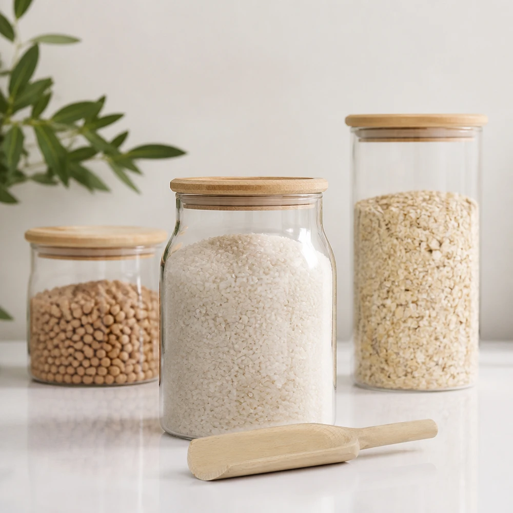 Paletta in legno L 18cm piatta accanto a barattoli per la conservazione di riso, cereali e legumi Accessori da cucina a spreco zero