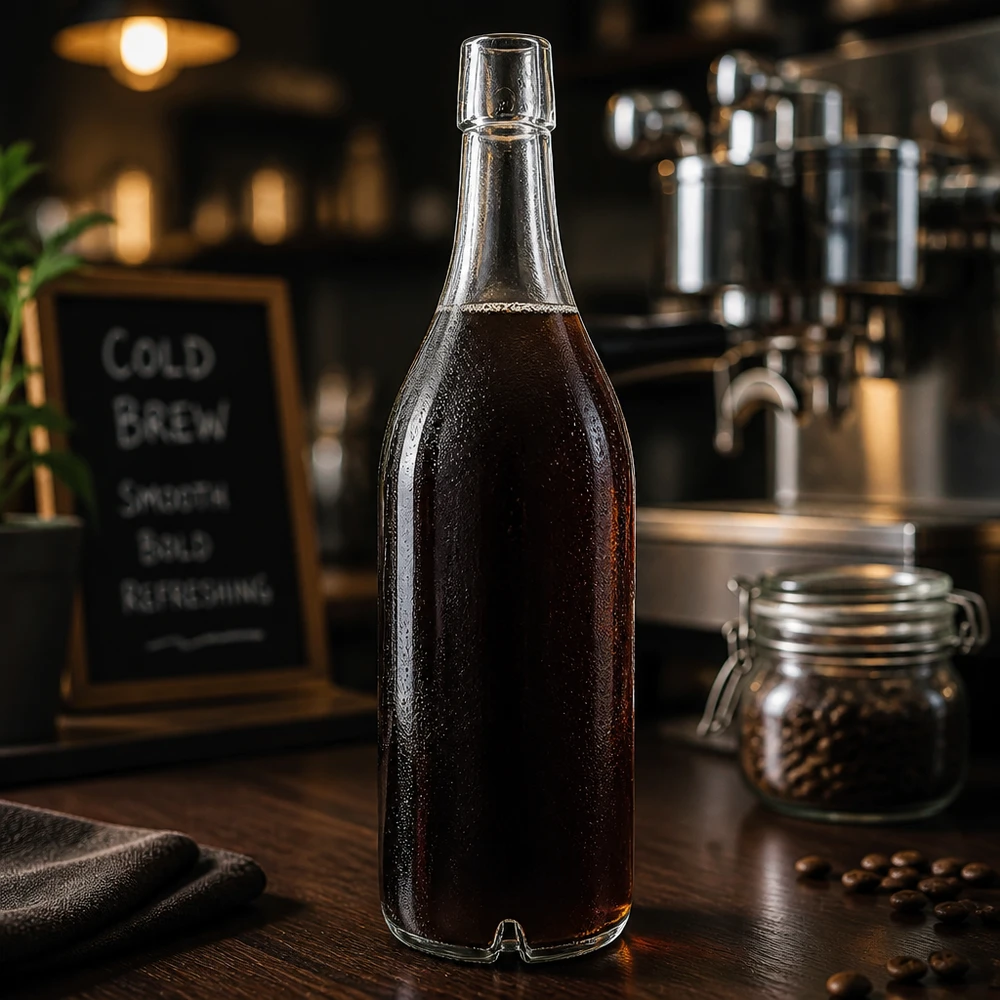 Bottiglia di vetro da 1000 ml UNiTWIST riempita con caffè in grani Cold Brew Coffee atmosfera tappo a vite scuro