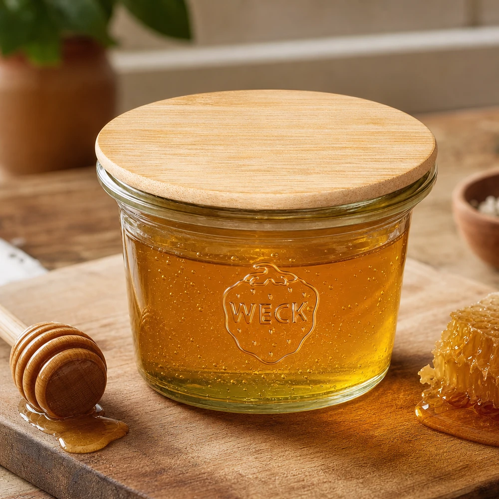 Mini tumbler WECK RR40 da 35 ml con coperchio in legno WECK RR40 Vaso da 35 ml con coperchio in legno di bambù riempito di miele accanto a cucchiaio e favo su una base di legno