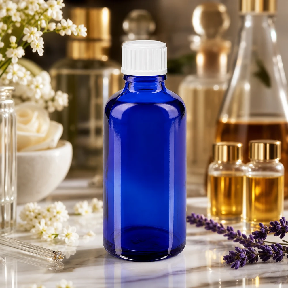 Flacone contagocce cilindrico da 50 ml in vetro blu cobalto con protezione UV e tappo dosatore bianco