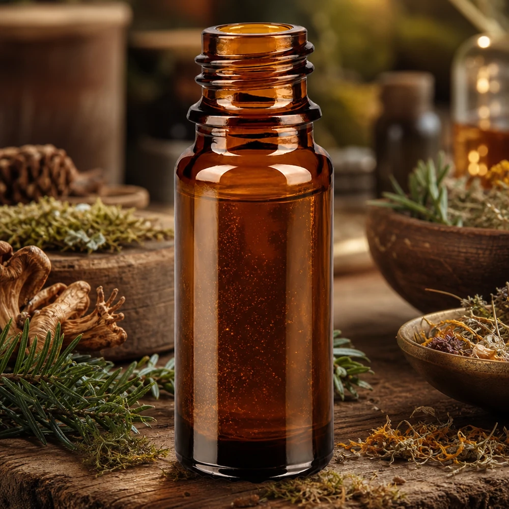Flacone farmaceutico marrone da 10 ml ApoGlas Flacone da farmacia marrone da 10 ml ApoGlas con pigne e conifere per rimedi naturali e tinture