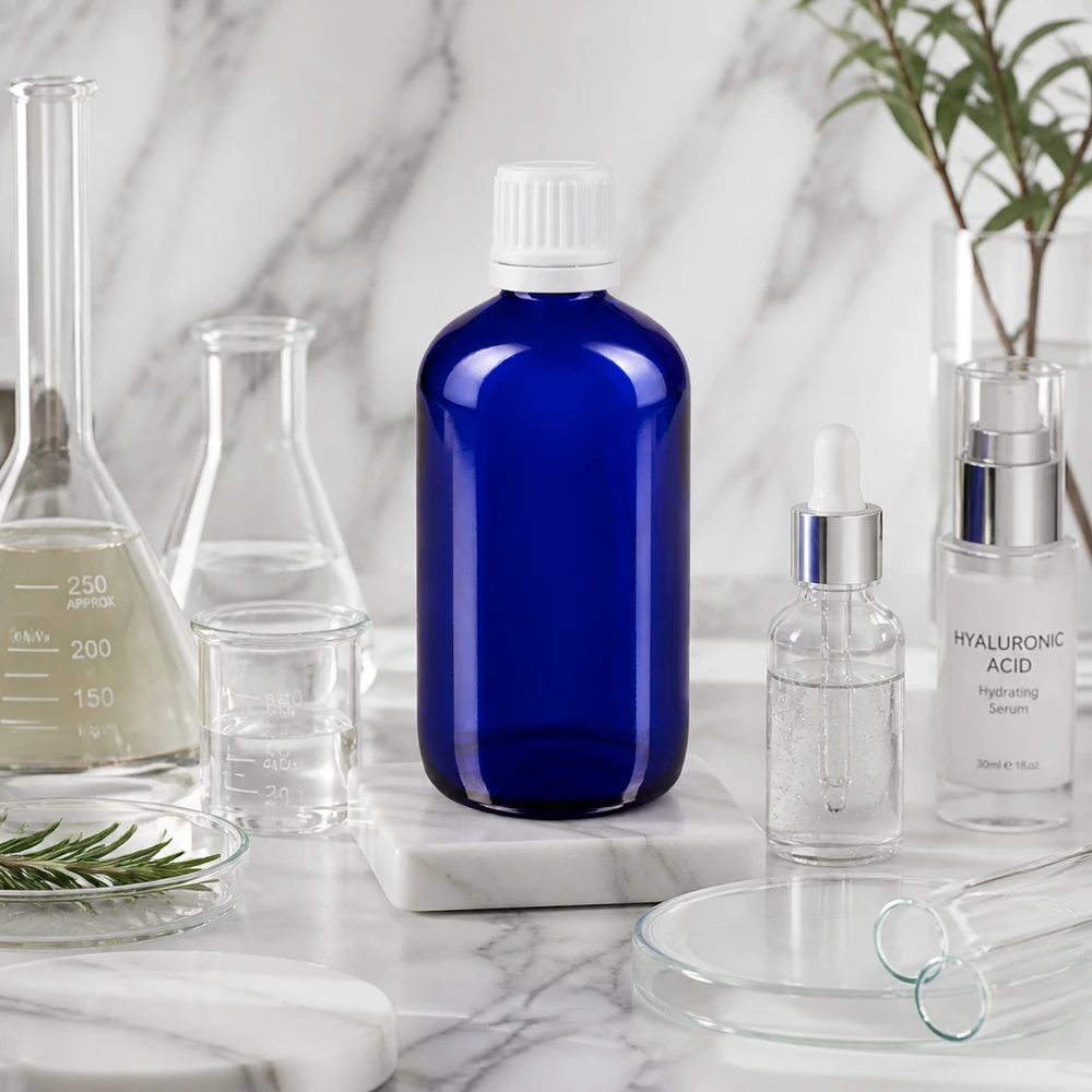 Flacone contagocce blu 100ml OV bianco/0,7mm ApoGlas Bottiglia di vetro blu da 100 ml con tappo OV accanto a un siero all’acido ialuronico e ad apparecchiature di laboratorio su una superficie di marmo