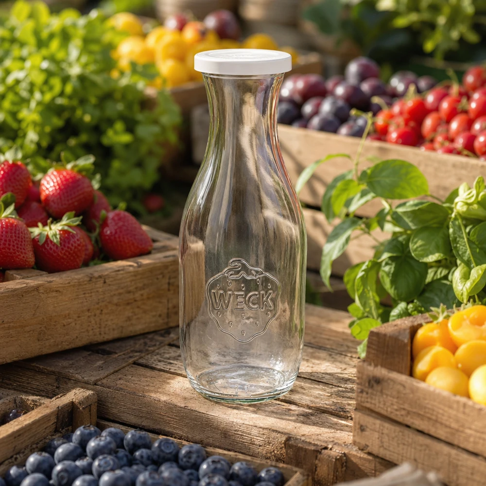 Bottiglia di succo WECK 1062ml vuota con logo tra frutti colorati su cassette di legno in un giardino naturale