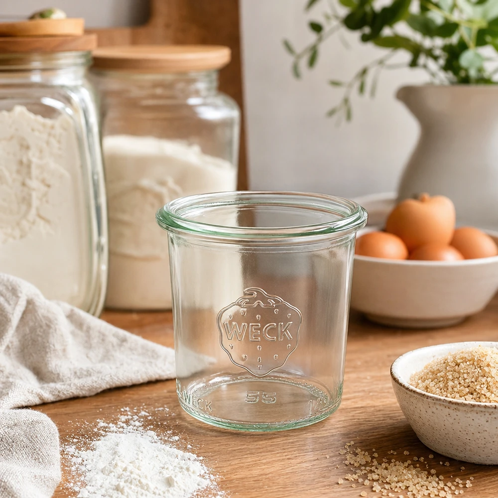 Vaso da 140ml WECK RR60 con logo su tavolo in legno in cucina moderna con barattoli e ingredienti