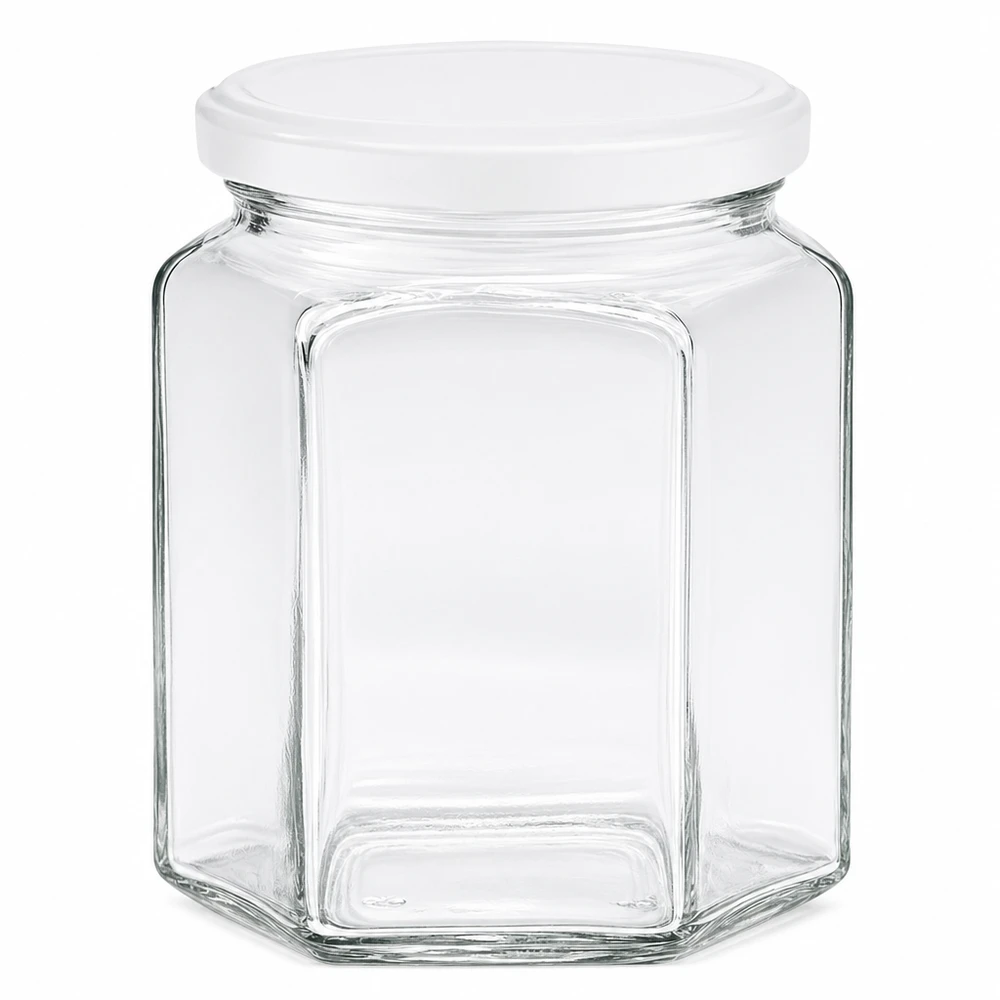 Vasetto per miele da 400 g con capsula bianca BasicSeal UNiTWIST Vasetto esagonale da 400 g con coperchio bianco a vite in vetro per miele e marmellata