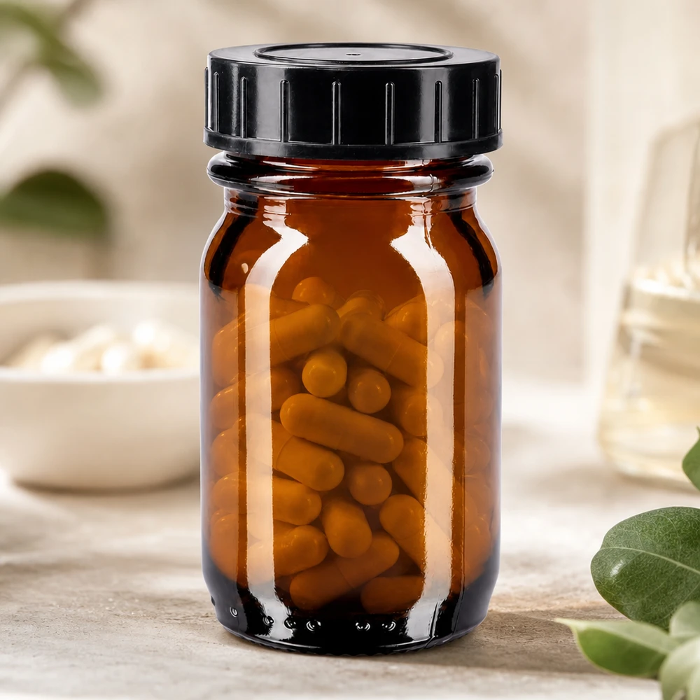 Bottiglia a collo largo da 30 ml in vetro ambrato con tappo a vite Bottiglia piccola da 30 ml in vetro ambrato con ampia apertura, ideale per pillole e integratori