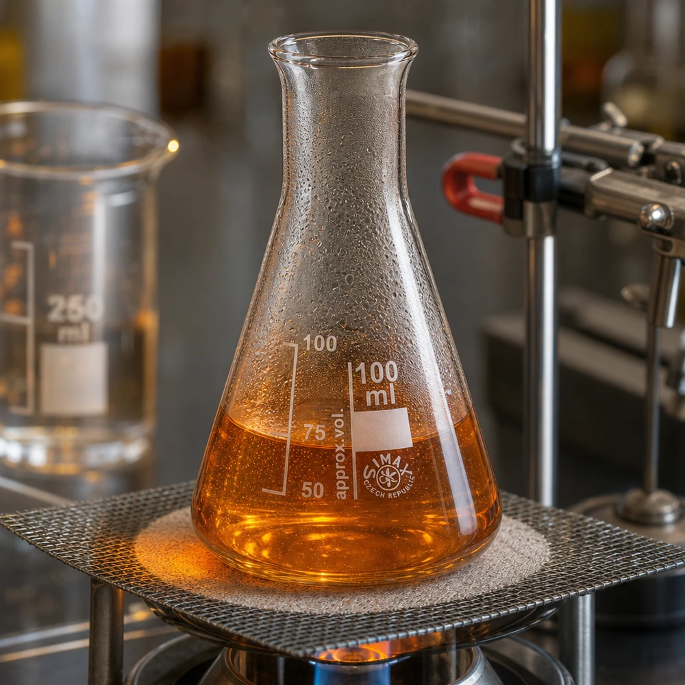 Beuta da 100 ml a collo stretto con liquido ambrato per chimica analitica e sintesi