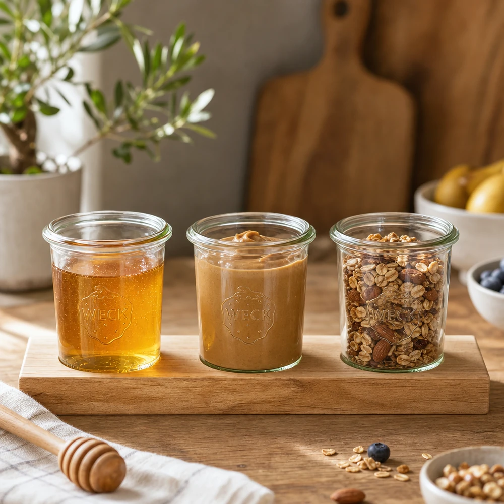 Tavola da portata in legno con vasetti Weck da 160 ml riempiti di burro di noci al miele e muesli in una cucina moderna