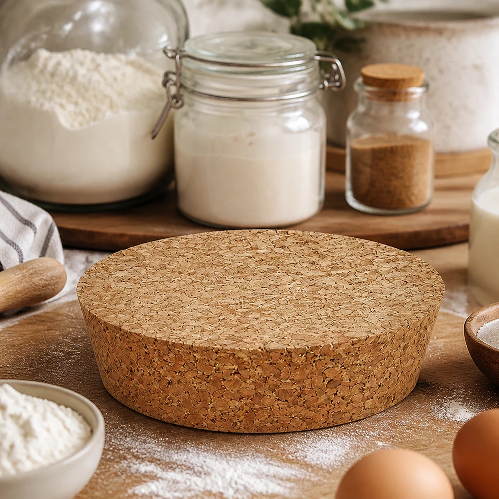 WECK RR80 tappo di sughero naturale rotondo su banco da forno con farina uova ingredienti da forno decorazione cucina rustica naturale