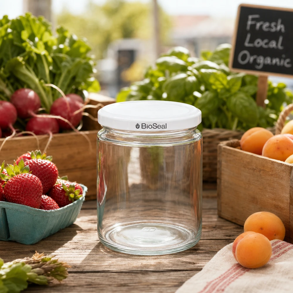 Vasetto per miele da 350 g con capsula bianca BioSeal UNiTWIST Vasetto di miele da 250 ml BioSeal UNiTWIST vuoto su tavolo di legno con frutta fresca e verdura del mercato contadino barattolo di conservazione vasetto di stoccaggio