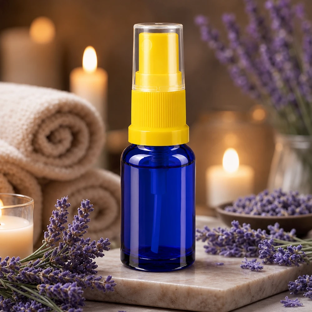 Flacone da farmacia blu da 10 ml con erogatore a spruzzo giallo, tra fiori di lavanda e candele