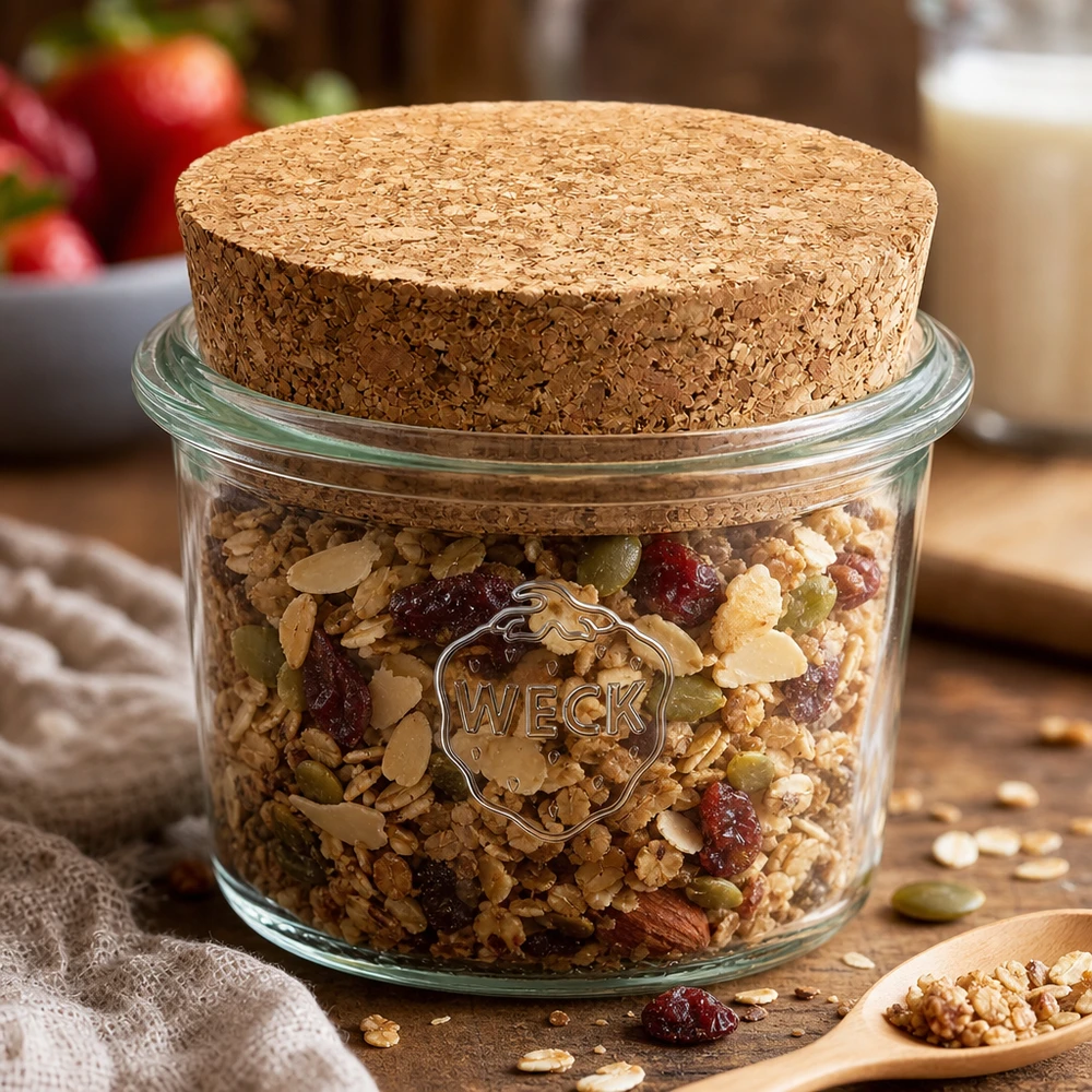 WECK RR40 Barattolo in muratura da 35 ml con tappo in sughero riempito con muesli, noci e frutta secca come barattolo per la conservazione in cucina
