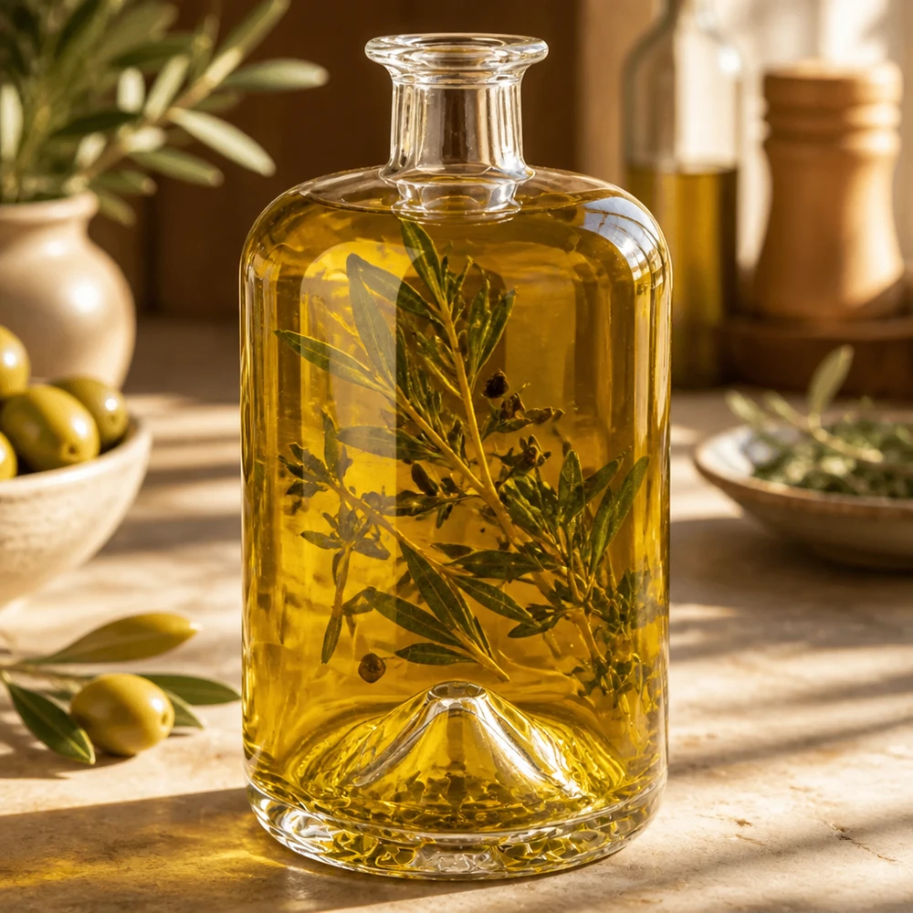 Sofia, bottiglia di vetro da 700 ml riempita di olio d'oliva ed erbe aromatiche, decorata su un tavolo di legno come esempio di utilizzo.