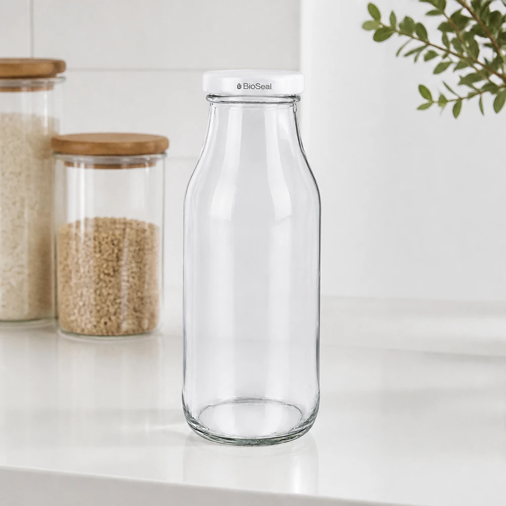 Bottiglia UNiTWIST263 con coperchio bianco TO43 BioSeal UNiTWIST Bottle263 bottiglia di vetro con coperchio bianco TO43 BioSeal su piano di lavoro bianco accanto a vasi di stoccaggio
