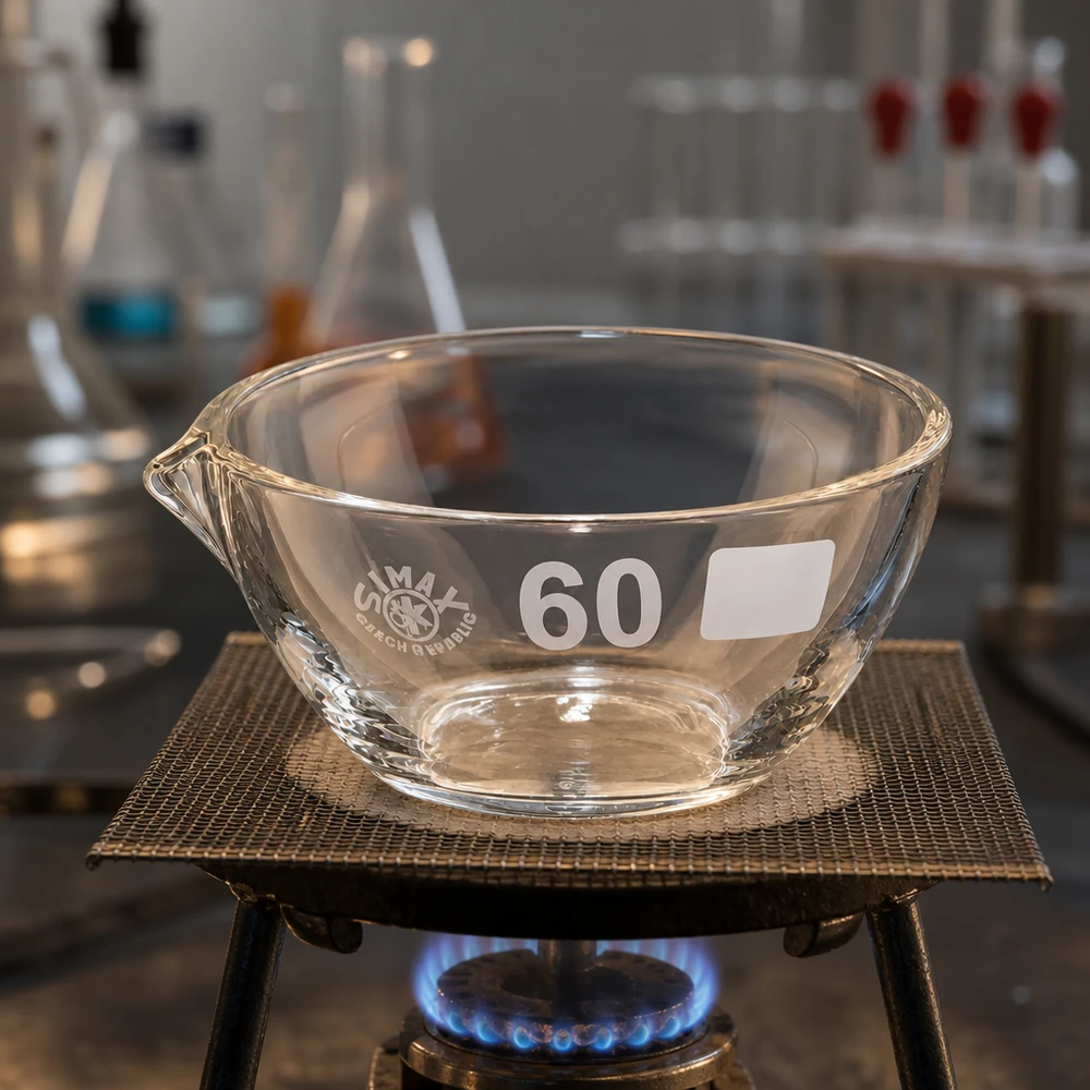 Piatto di evaporazione da 45ml con beccuccio in borosilicato ø60mm Piatto di evaporazione versatile 45ml in borosilicato ø60mm con beccuccio per evaporazione e cristallizzazione
