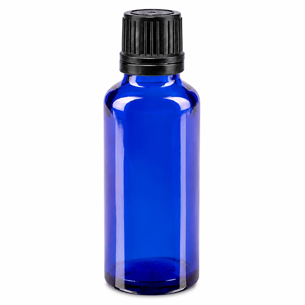 Bottiglia da 30ml blu (Glo.) GR OV nero/8mm ApoGlas Flacone in vetro blu da 30 ml con tappo OV nero da 8 mm per farmacie e laboratori