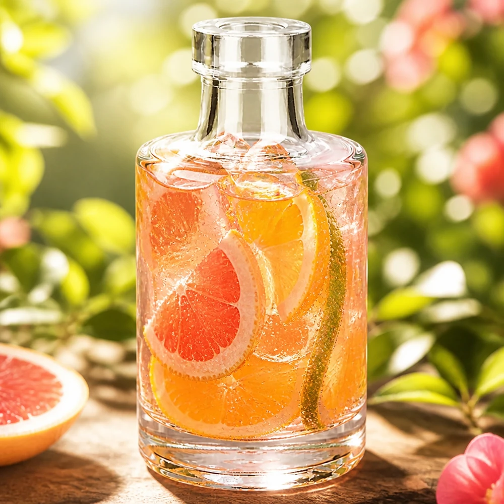 Bottiglia in vetro da 100 ml Marie senza tappo UNiTWIST® Bottiglia di vetro da 100 ml di Marie con bevanda al pompelmo e cubetti di ghiaccio in un giardino naturale con frutta
