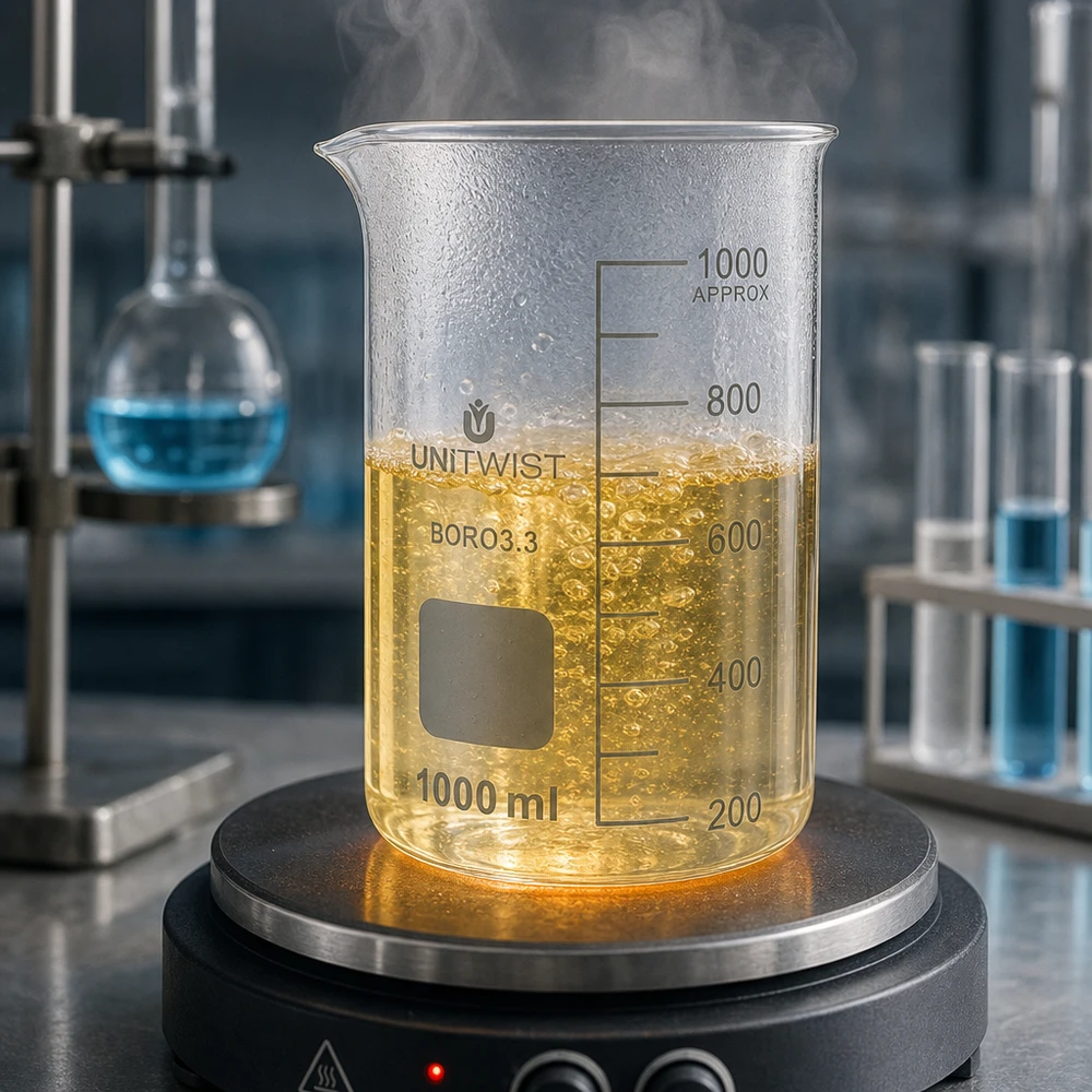 UNITWIST: becher da 1000 ml, forma alta, in borosilicato, riscaldato su una piastra riscaldante con liquido giallo in ebollizione
