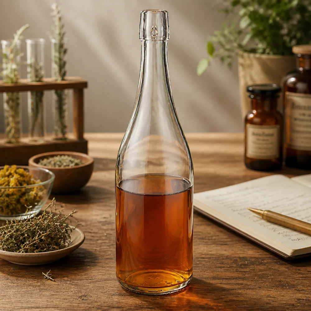 Bottiglia in vetro UNiTWIST da 750 ml riempita di tisane ambiente speziale erbe officinali essiccate quaderno di ricette