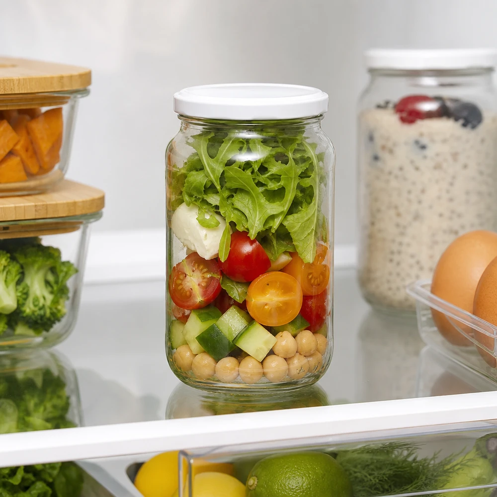 Barattolo rotondo da 1062 ml con coperchio BasicSeal bianco UNiTWIST Barattolo rotondo da 1062 ml Coperchio BasicSeal con insalata in frigorifero Meal Prep Container conservazione alimenti freschi
