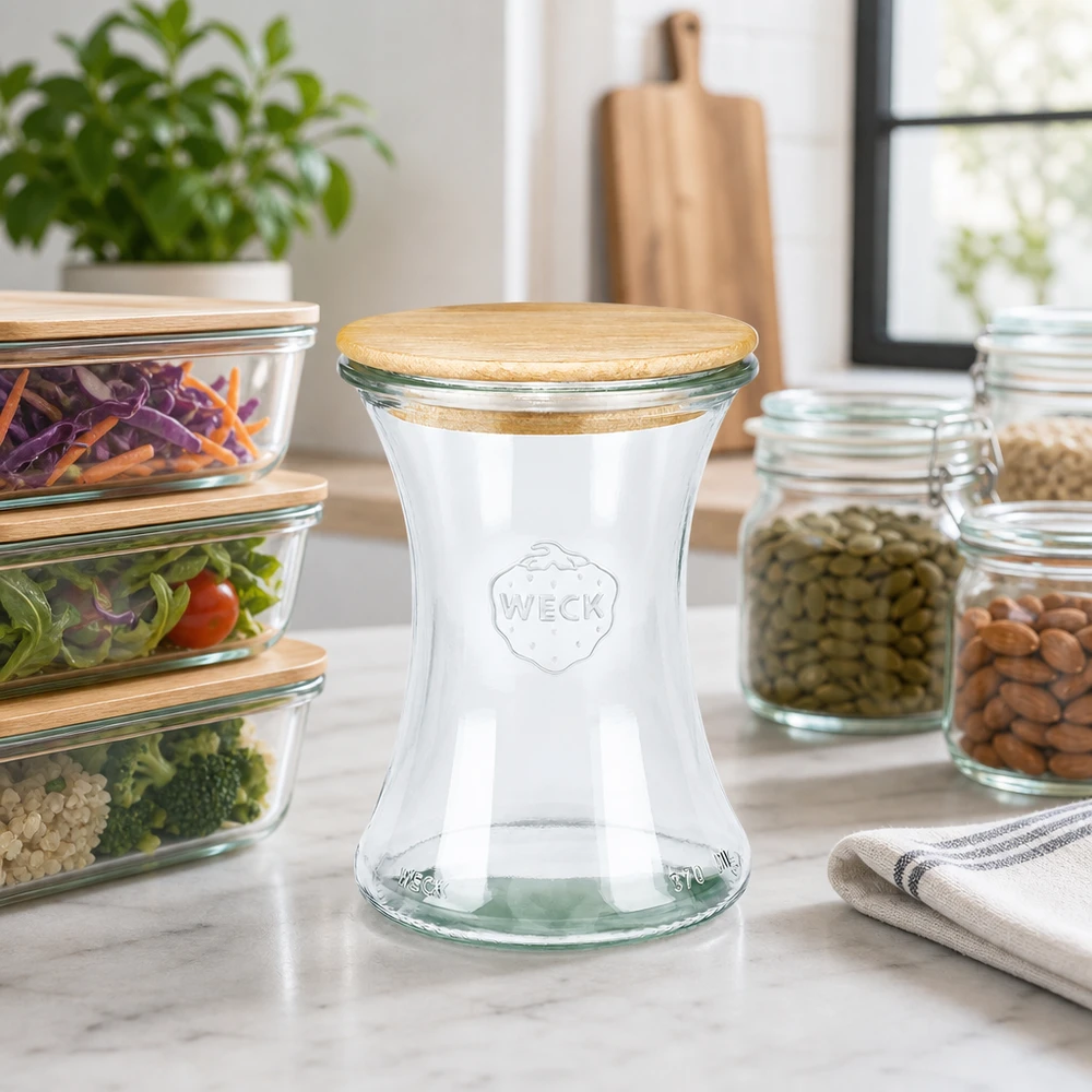 Vasetto per salumi WECK RR80 da 370 ml con coperchio in legno Barattolo per salumi WECK 370ml RR80 con coperchio in legno nelle cucine moderne accanto a barattoli per la conservazione e contenitori per la preparazione dei pasti