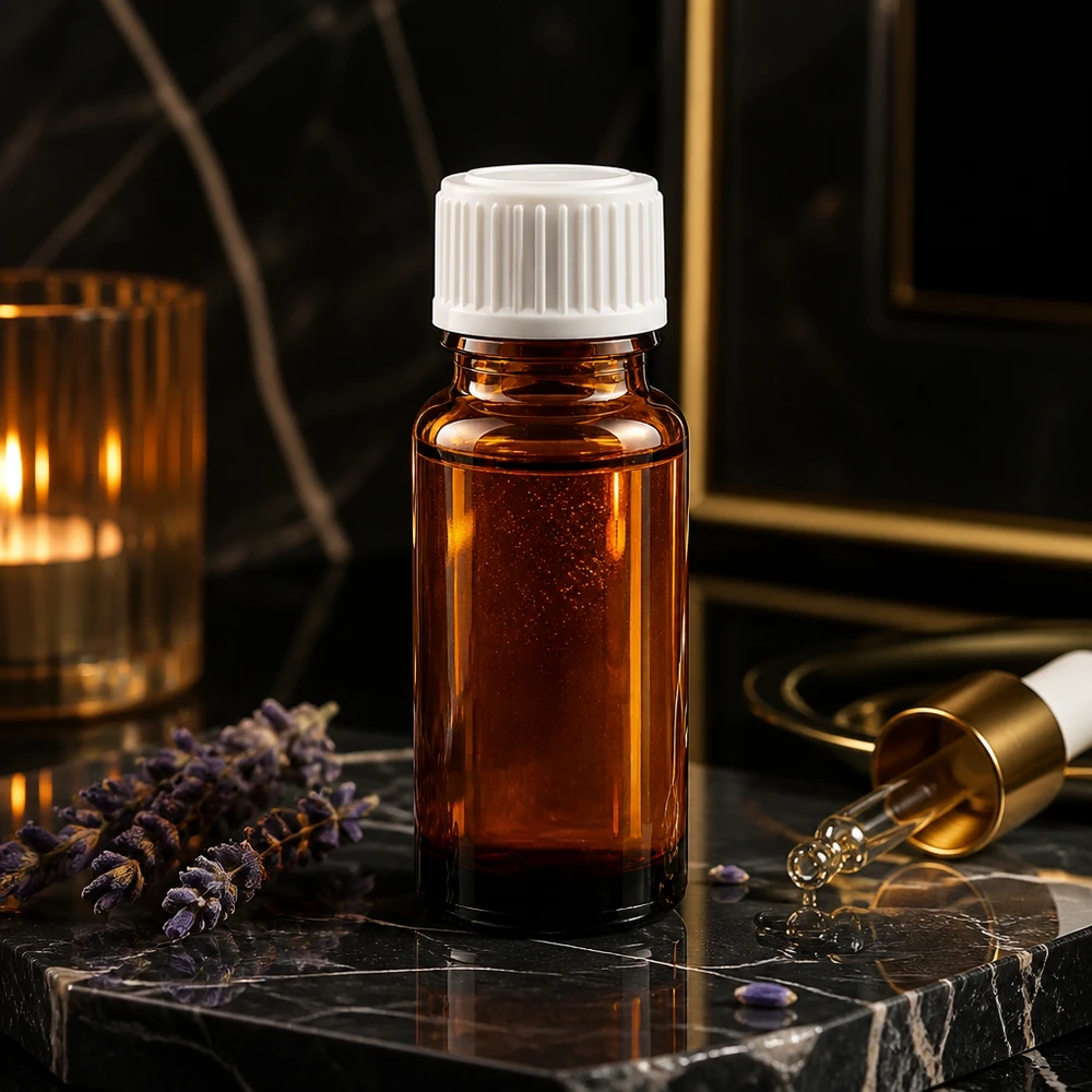 Flacone contagocce marrone da 10ml STD bianco/0,9mm ApoGlas Flacone da 10 ml color ambra con tappo contagocce bianco STD su fondo di marmo nero con lavanda