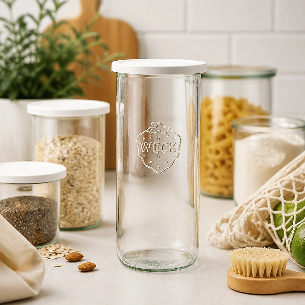 Bicchieri da 1500 ml con coperchio salvafreschezza WECK RR100 Bicchieri WECK 1500ml RR100 in una cucina moderna con barattoli per la pasta e prodotti eco sostenibili