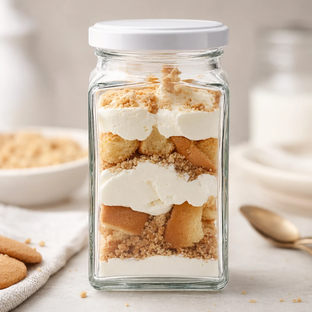 Barattolo tetra da 260 ml con coperchio BasicSeal bianco UNiTWIST. 260 ml Bicchiere Tetra BasicSeal bianco come bicchiere da dessert riempito di tiramisù a strati accanto a savoiardi Tavolo da cucina