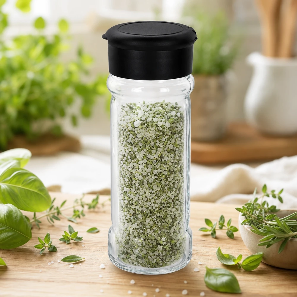 Barattolo per sale/spezie da 100 ml con dosatore, nero Sale alle erbe in una saliera di vetro trasparente da 100 ml con coperchio in plastica nera su base in legno