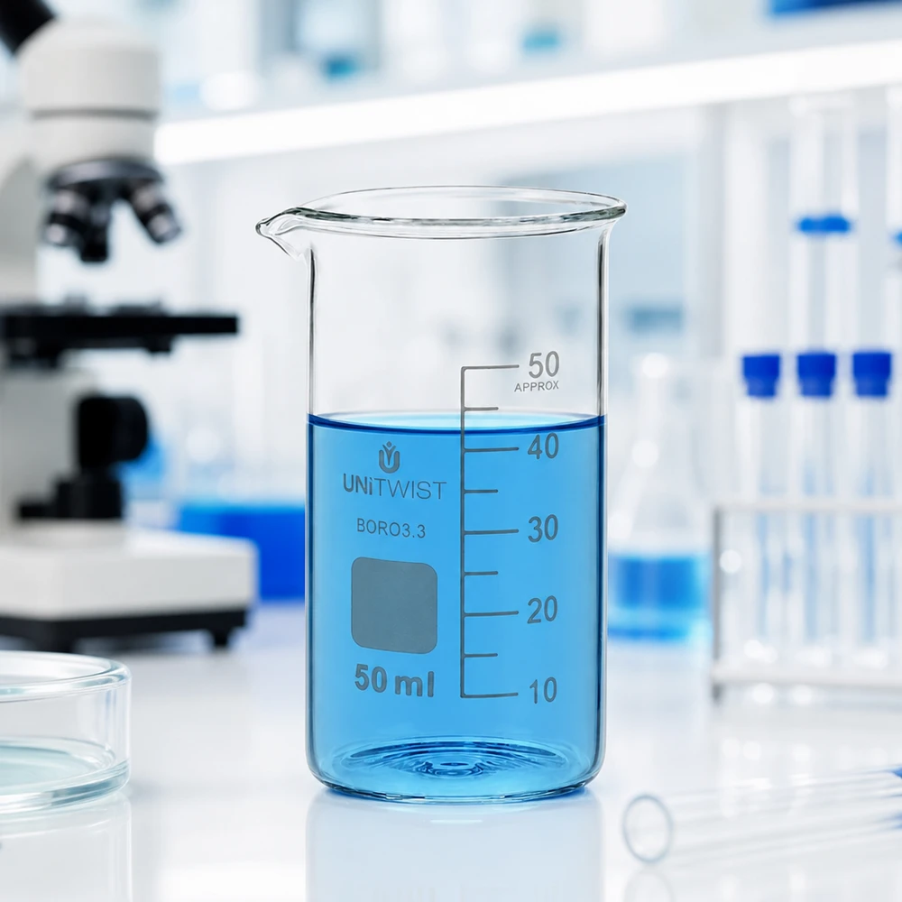 UNITWIST: becher in vetro borosilicato da 50 ml, forma alta, con liquido blu in laboratorio