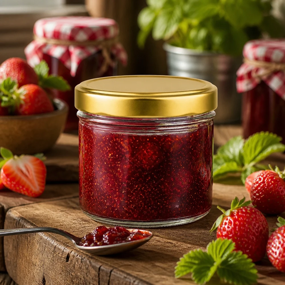 Barattolo cilindrico da 230 ml riempito di marmellata di fragole coperchio dorato BasicSeal Applicazione esempio barattolo di marmellata