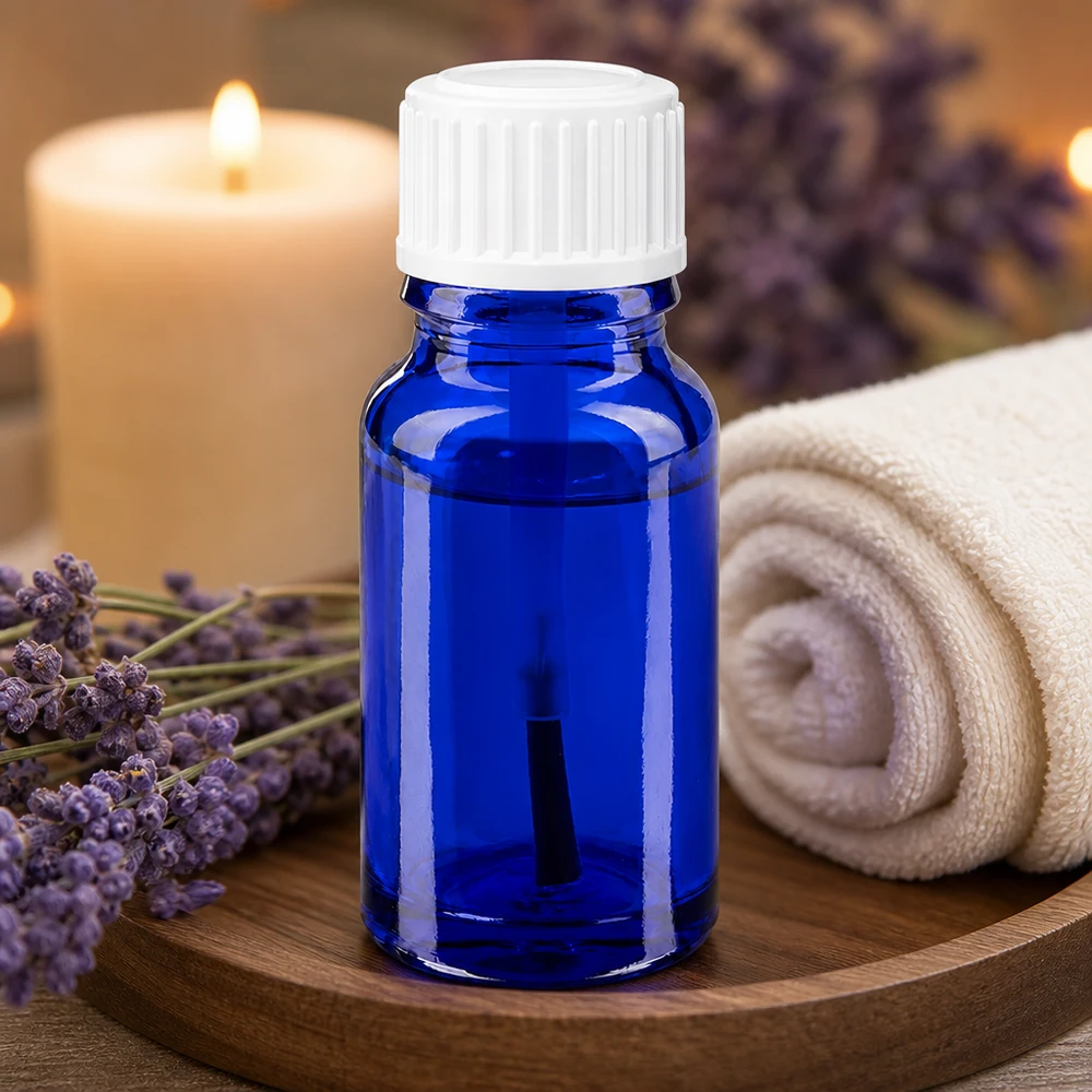 Bottiglia per pennelli 10ml blu STD bianco ApoGlas Flacone per aromaterapia da 10 ml in vetro da farmacia blu con beccuccio a pennello bianco accanto a fiori di lavanda