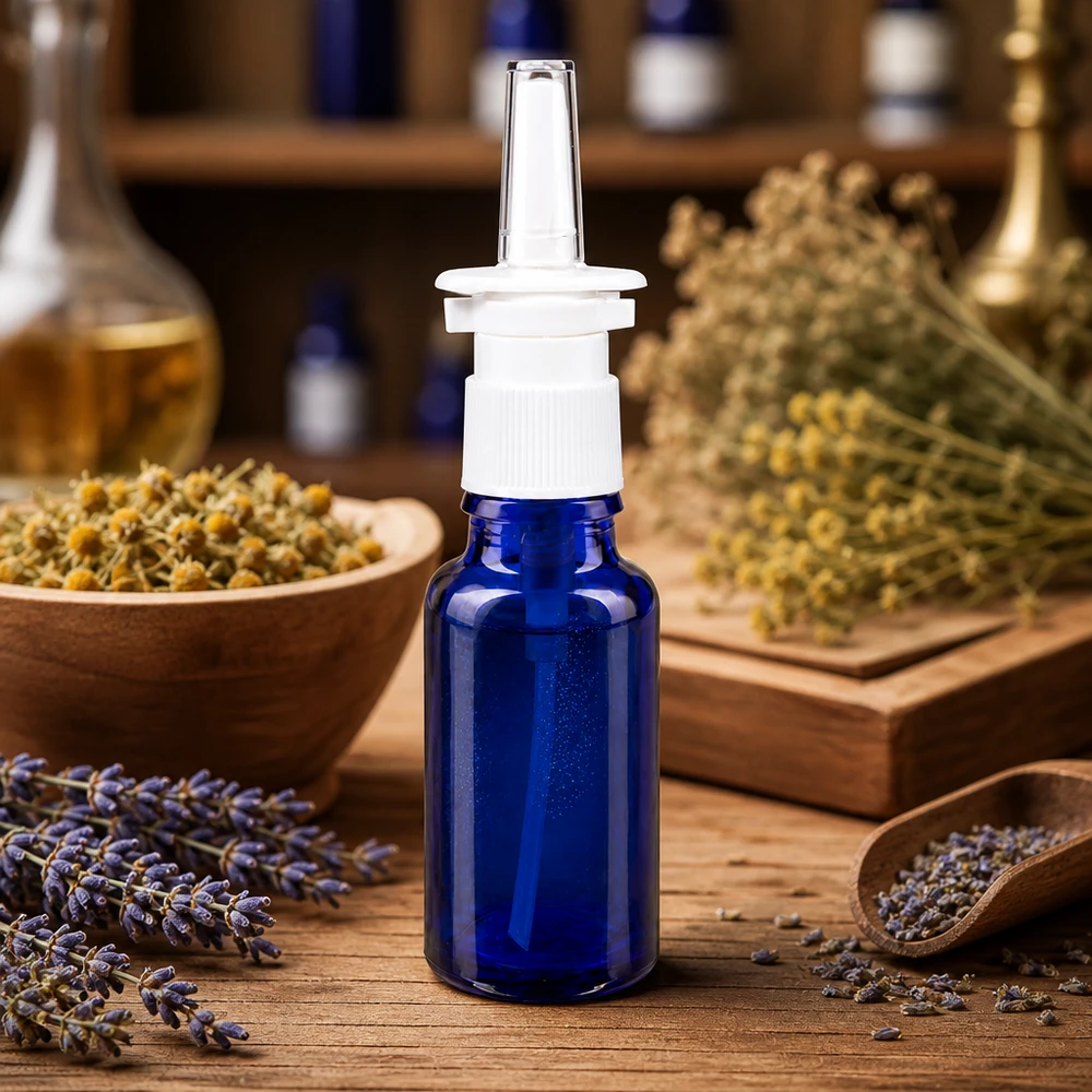 Piccolo flacone da 20 ml per spray nasale in vetro da farmacia blu con erogatore bianco su base in legno