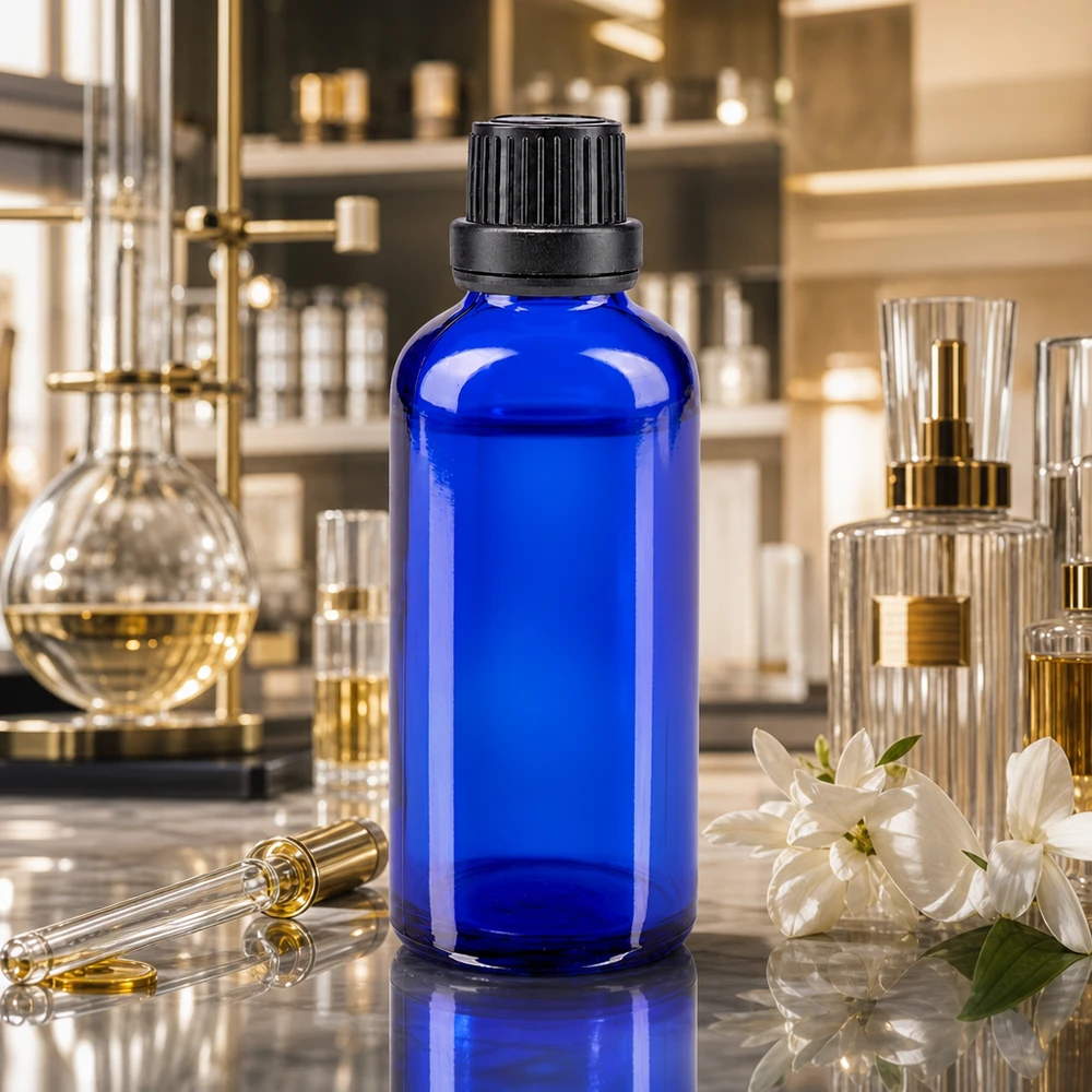 Flacone di vetro blu da 50 ml con tappo di sicurezza nero a prova di bambino nel laboratorio di profumi