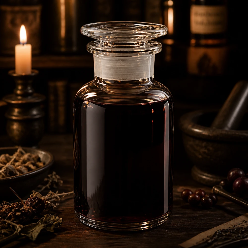 Bottiglia a spalla arrotondata da 250 ml in vetro trasparente con collo largo, riempita con un estratto rosso scuro alla luce delle candele