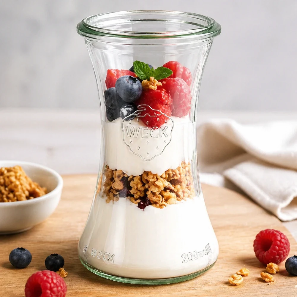 Vasetto WECK RR60 da 200 ml riempito con yogurt, granola e frutti di bosco come parfait su tavolo in legno con decorazione