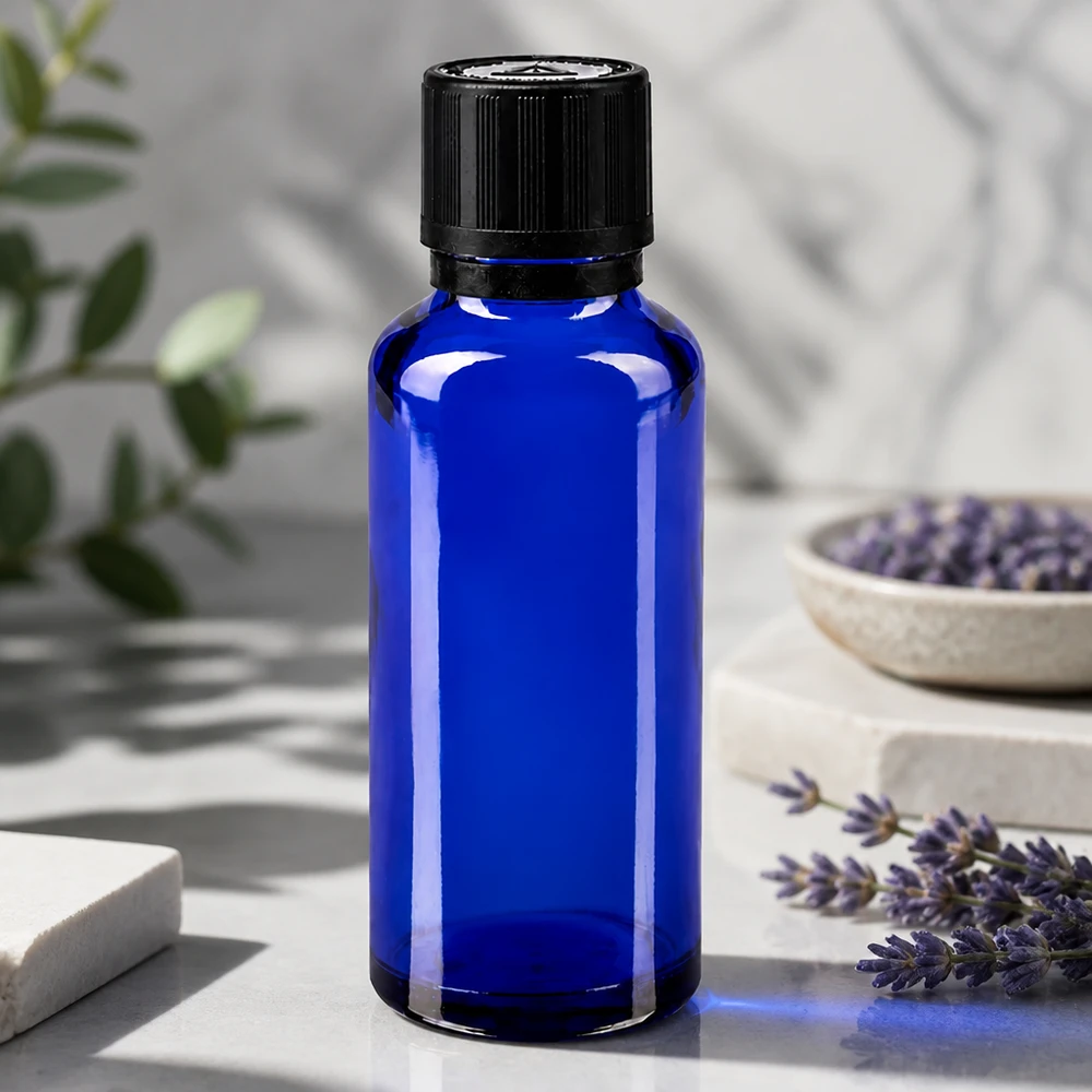 Flacone di vetro blu da 30 ml con tappo nero a prova di bambino accanto a ramoscelli di lavanda freschi