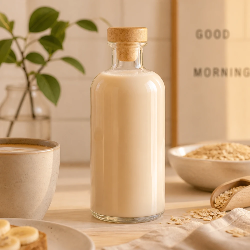 Bottiglia di vetro Flora 500ml riempita di latte d'avena tra fiocchi d'avena e ciotola in cucina naturale