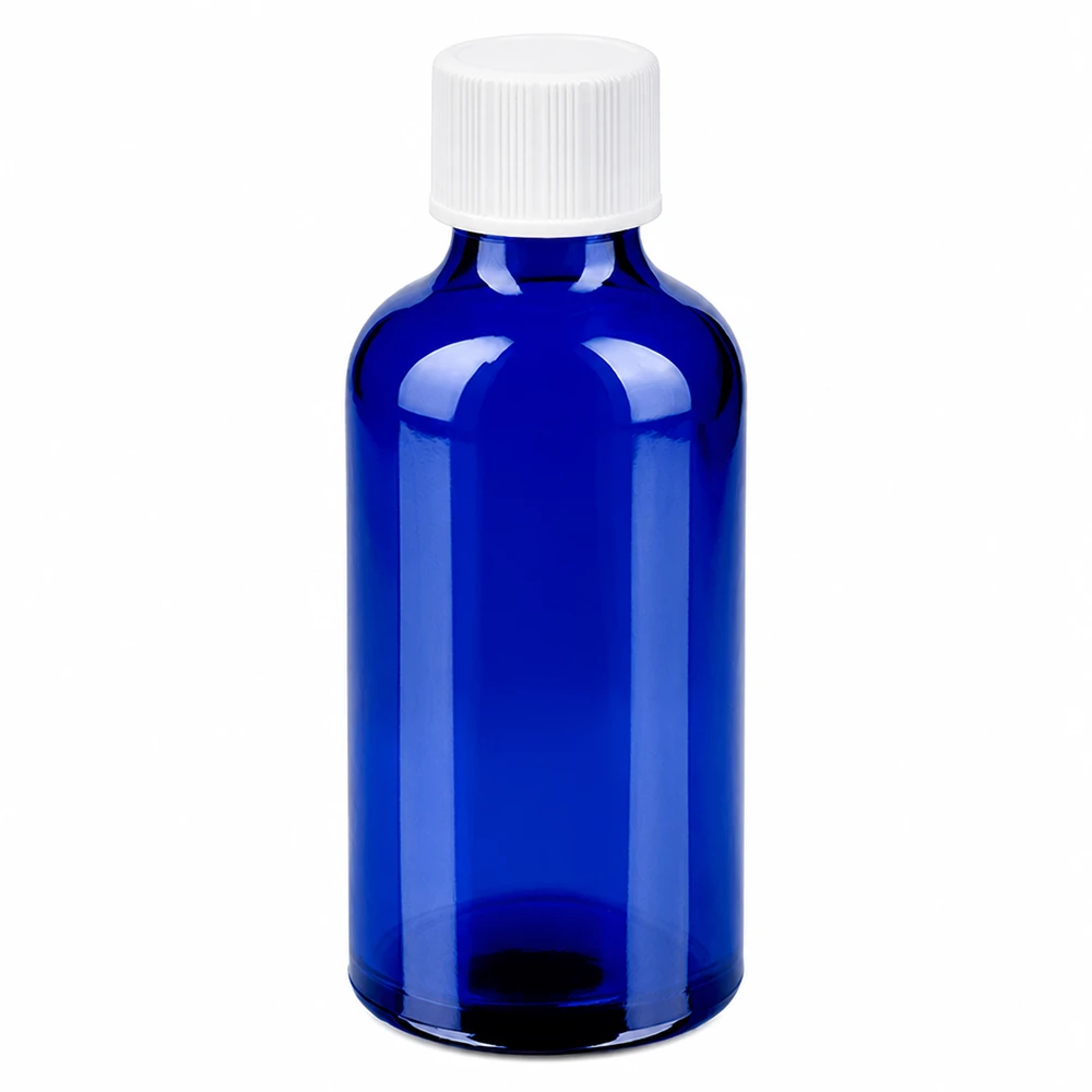 Flacone da 50ml 11mm SV bianco STD BlueLine UT18/50 Bottiglia cilindrica in vetro da 50 ml blu con tappo standard bianco da 11 mm UT18