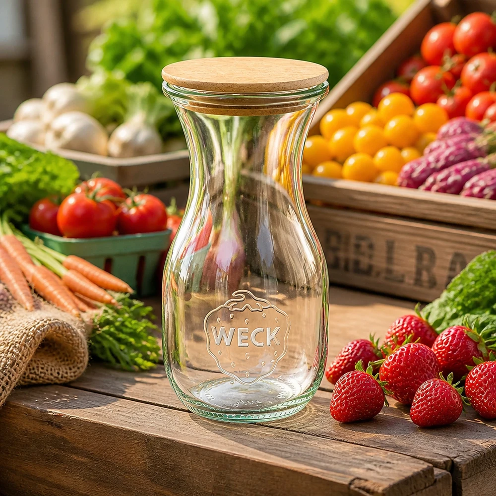 Bottiglia di succo WECK da 290 ml con coperchio in legno Bottiglia di vetro WECK da 290 ml con tappo in sughero tra frutta e verdura fresca su un tavolo di legno rustico