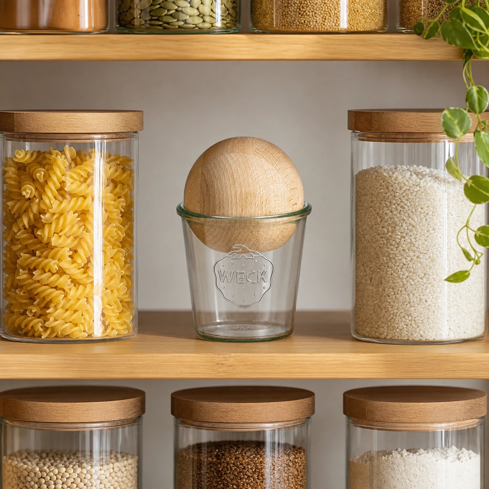 Bicchieri da 580 ml WECK RR100 con sfera di legno in faggio Barattolo WECK RR100 580ml con sfera in legno di faggio in una moderna cucina dispensa tra pasta e riso su un ripiano in legno