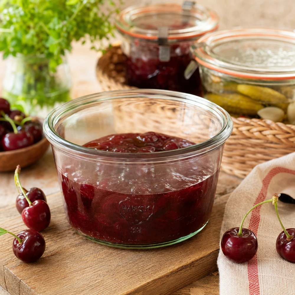 WECK RR80 barattolo gourmet da 165 ml pieno di marmellata di ciliegie su una tavola di legno accanto a ciliegie fresche e barattoli da conserva
