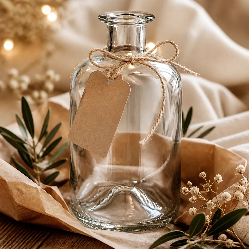 Flacone farmaceutico da 500 ml 500ml Glasflasche "Luna" ohne Verschluss UNiTWIST senza tappo UNiTWIST® Bottiglia da farmacia Luna 500ml trasparente con etichetta in carta kraft come confezione regalo tra fiori secchi