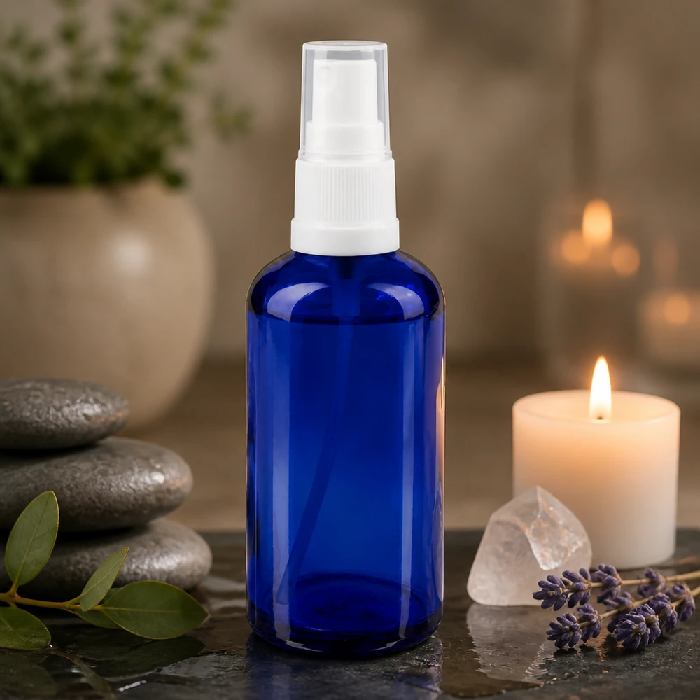 Flacone spray blu da 50ml STD bianco/trasparente apoGlas Flacone spray in vetro da farmacia da 50 ml, colore blu cobalto, con candele alla lavanda e cristalli