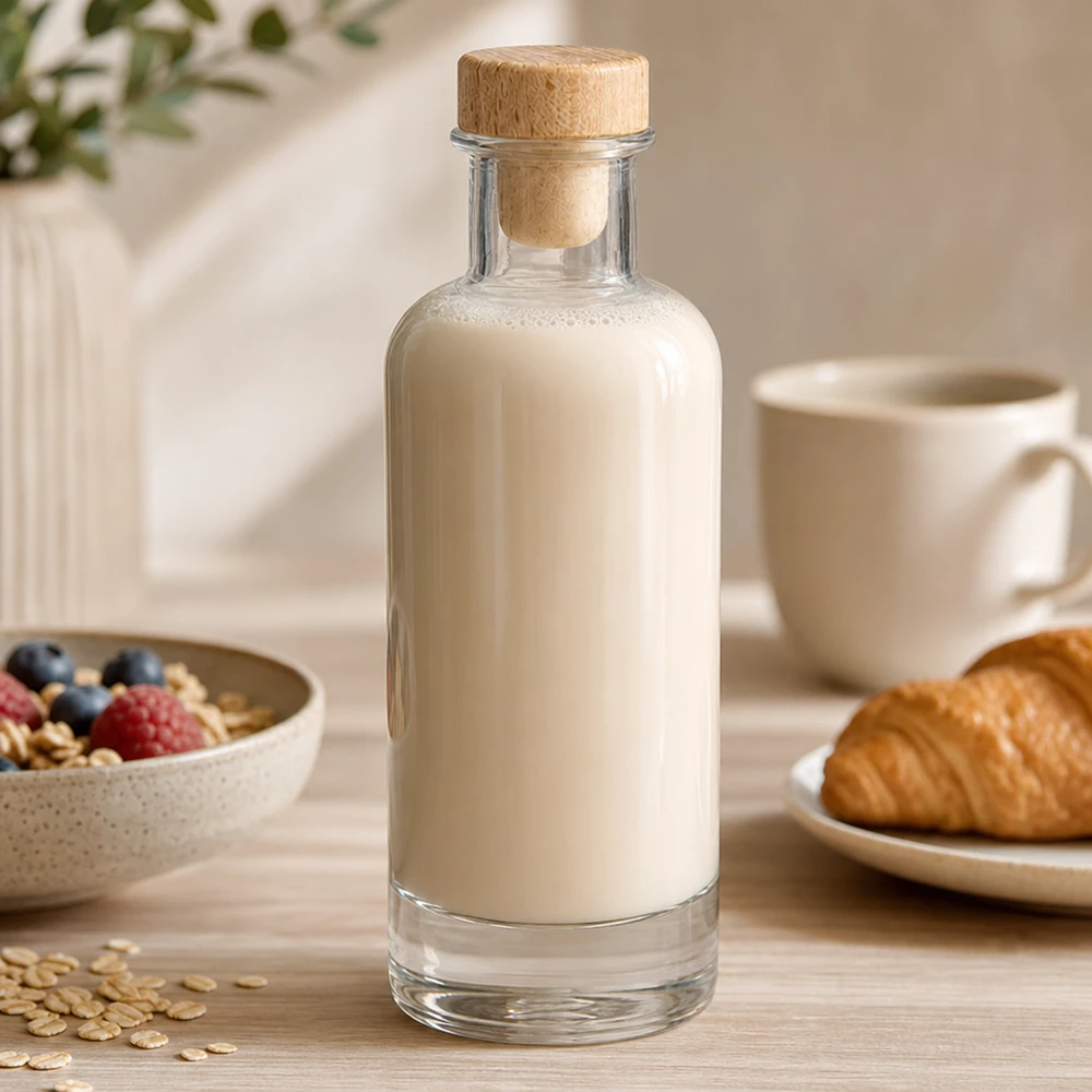 Bottiglia di vetro da 200 ml di Ella con tappo di legno riempita di latte d'avena sul tavolo della colazione con muesli e croissant